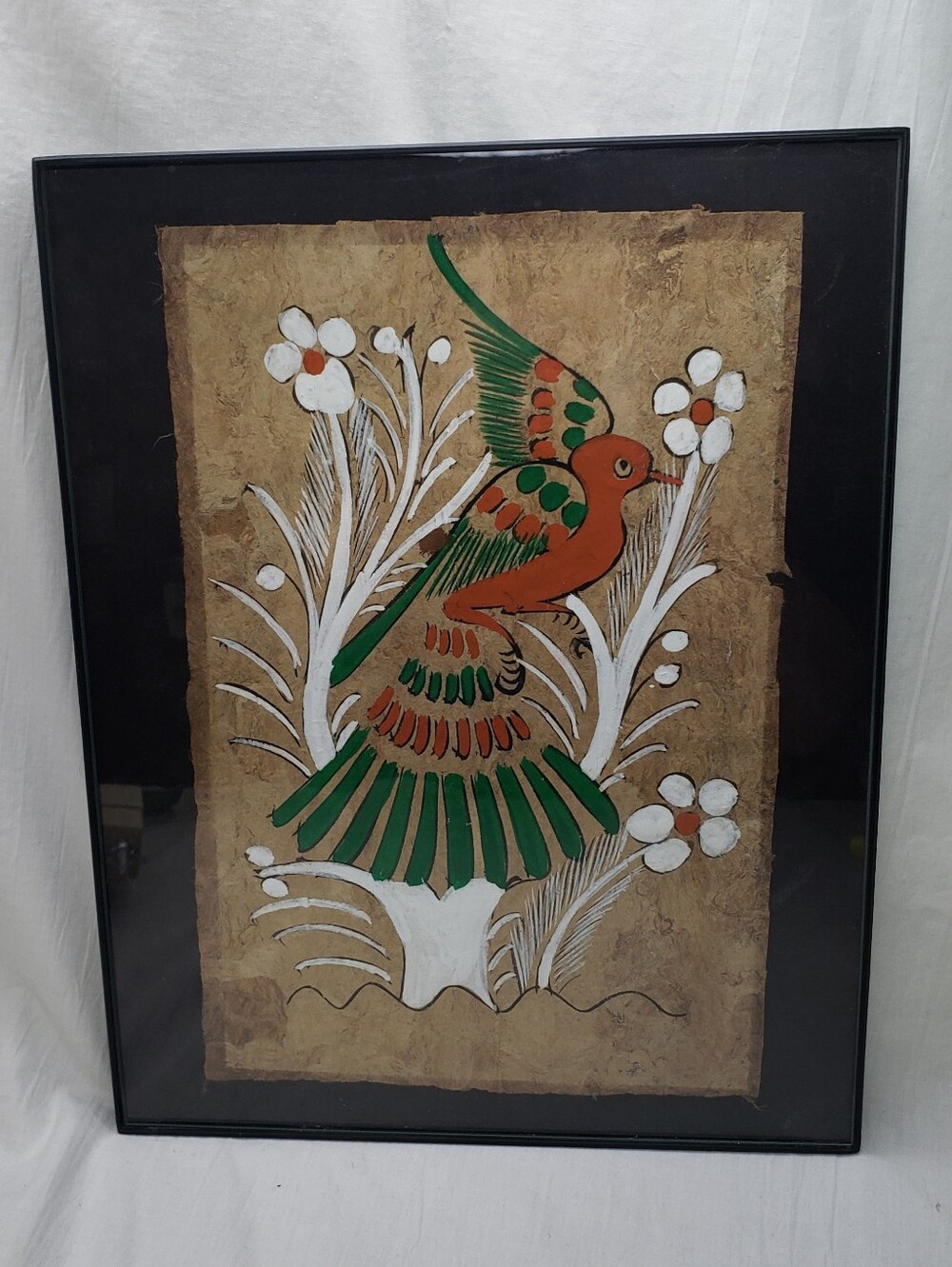 Vintage Mexican Amate Bark Folk Art Painting Stylized Bird Earthy 13 X 10 Inches